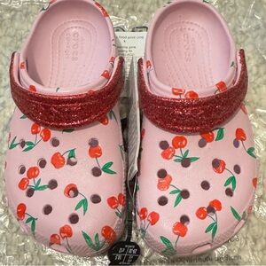 Crocs Kids Sz C12 Pink Red Glitter Cherries Classic Food Print Clogs HTF Girls